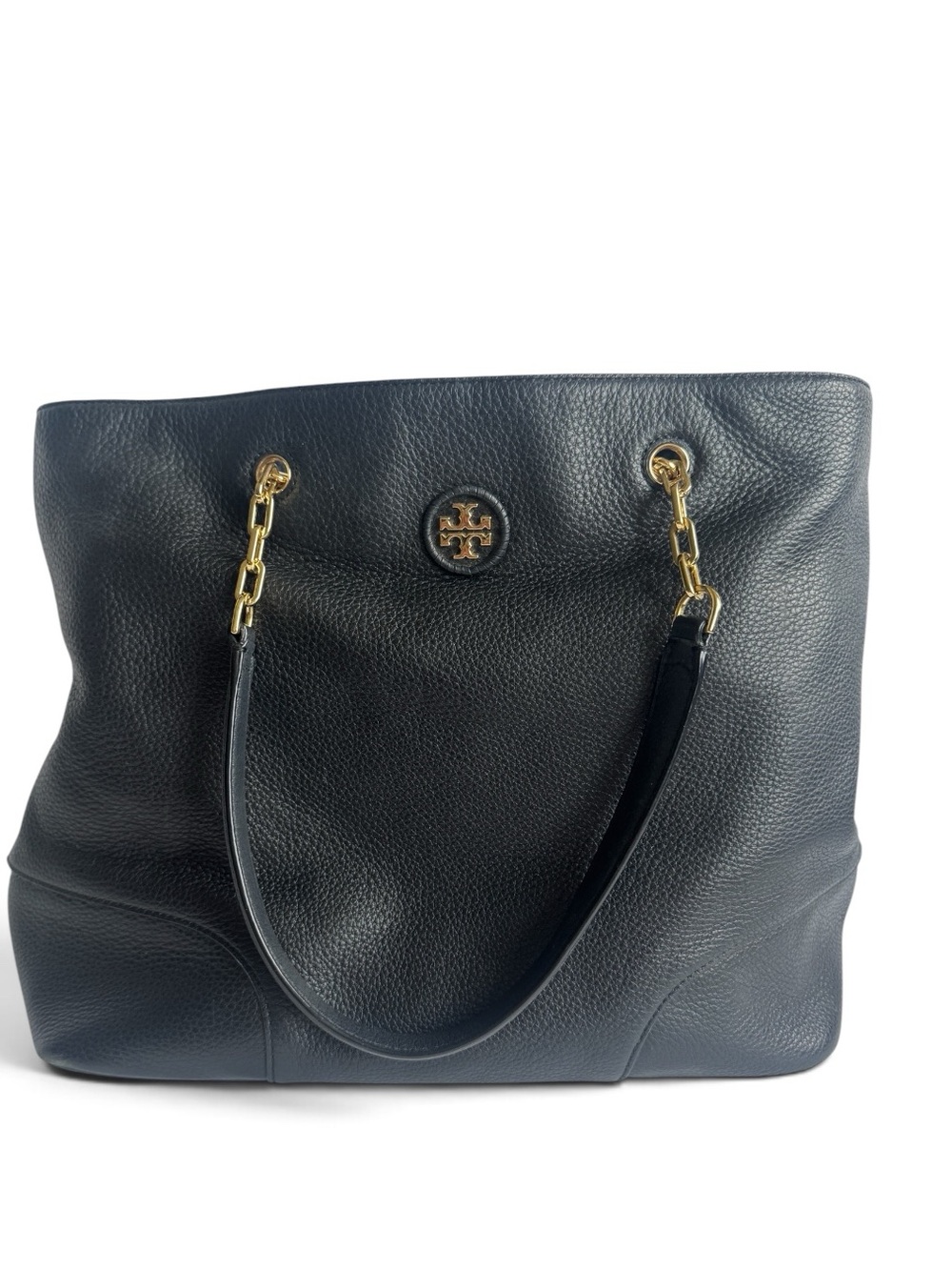 Tory Burch Black Pebbled Leather Tote with Gold Chain-Accent Straps